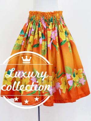 Hula Shantung Pa'u Skirt with Hibiscus & Plumeria Print / Luxury Collection / Orange / J3039or