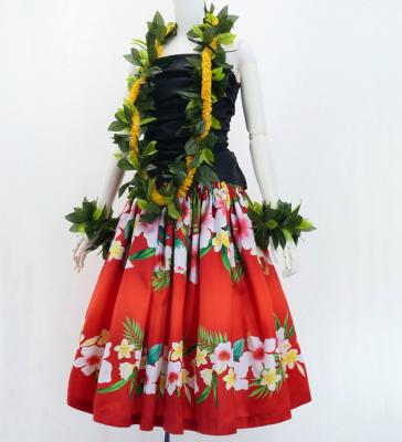 Hula Shantung Pa'u Skirt with Hibiscus & Plumeria Print / Luxury Collection / Red / J3039rd