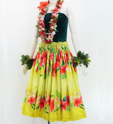 Hula Shantung Pa'u Skirt with Hibiscus & Plumeria Print / Luxury Collection / Yellow / J3039ye