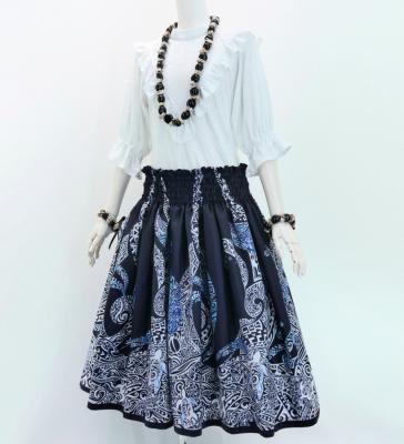 Hula Shantung Pa'u Skirt with Kahiko&Honu Print / Luxury Collection / Navy / J3042nv