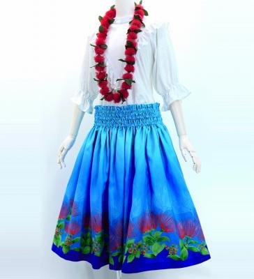 Hula Shantung Pa'u Skirt with Lehua Print / Luxury Collection / Blue / J3043bl