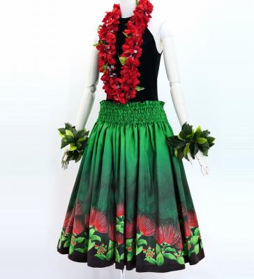 Hula Shantung Pa'u Skirt with Lehua Print / Luxury Collection / Green / J3043gr