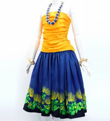 Hula Shantung Pa'u Skirt with Lehua Print / Luxury Collection / Navy / J3043nv