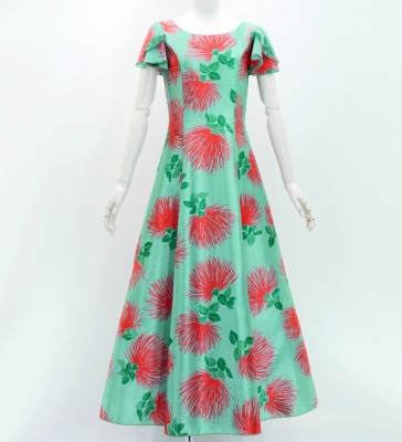 Hula Long Dress with Lehua Print / Luxury Collection / Turquoise Blue/ J3044tbl