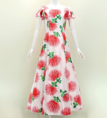 Hula Long Dress with Lehua Print / Luxury Collection / White / J3044wh