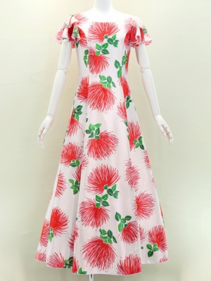 Hula Long Dress with Lehua Print / Luxury Collection / White / J3044wh