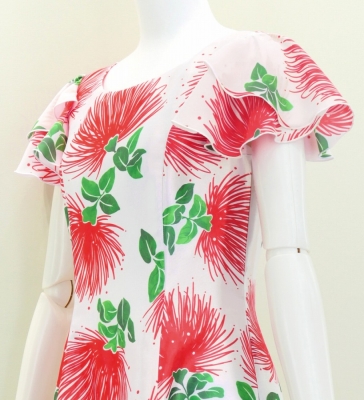 Hula Long Dress with Lehua Print / Luxury Collection / White / J3044wh