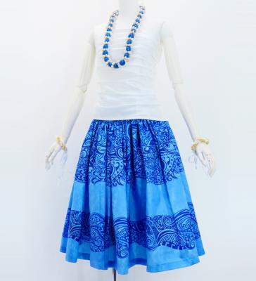 Hula Shantung Pa'u Skirt with Kahiko Print / Luxury Collection / Blue / J3058bl