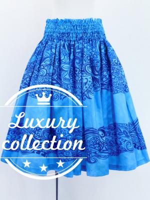 Hula Shantung Pa'u Skirt with Kahiko Print / Luxury Collection / Blue / J3058bl