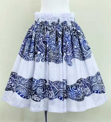 Hula Shantung Pa'u Skirt with Kahiko Print / Luxury Collection / White & Blue / J3058whbl