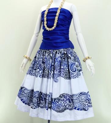 Hula Shantung Pa'u Skirt with Kahiko Print / Luxury Collection / White & Blue / J3058whbl