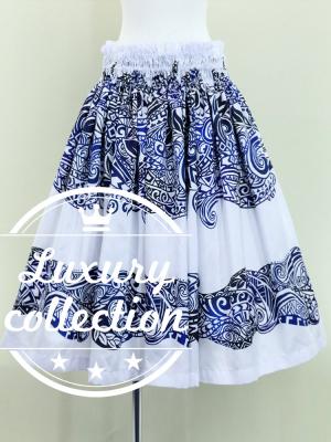 Hula Shantung Pa'u Skirt with Kahiko Print / Luxury Collection / White & Blue / J3058whbl