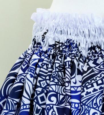 Hula Shantung Pa'u Skirt with Kahiko Print / Luxury Collection / White & Blue / J3058whbl