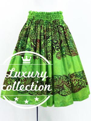 Hula Shantung Pa'u Skirt with Kahiko Print / Luxury Collection / Yellow Green / J3058yegr
