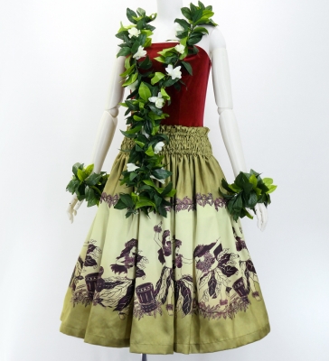 Hula Shantung Pa'u Skirt with Hula Girl Print / Luxury Collection / Beige / J3078be