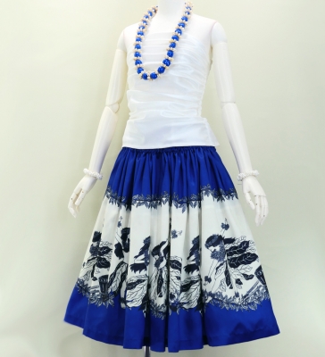 Hula Shantung Pa'u Skirt with Hula Girl Print / Luxury Collection / Blue / J3078bl