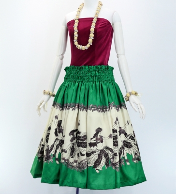 Hula Shantung Pa'u Skirt with Hula Girl Print / Luxury Collection / Green / J3078gr
