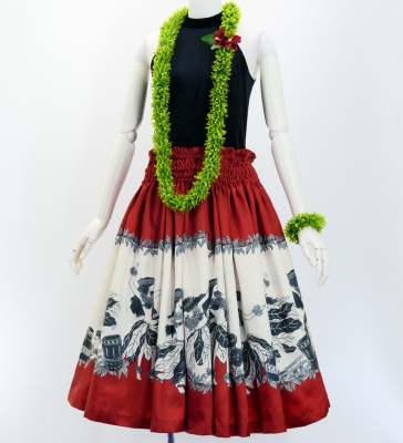 Hula Shantung Pa'u Skirt with Hula Girl Print / Luxury Collection / Red / J3078rd