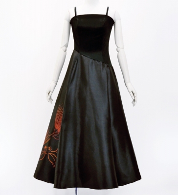 Hula Long Velvet & Shantung Dress with Lehua Print / Luxury Collection / J3080bk