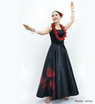 Hula Long Velvet & Shantung Dress with Lehua Print / Luxury Collection / J3080bk