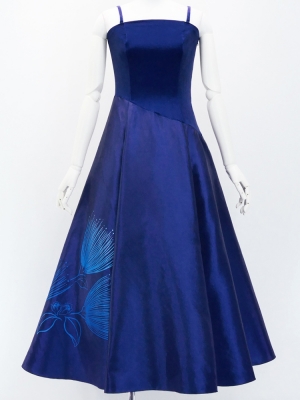 Hula Long Velvet & Shantung Dress with Lehua Print / Luxury Collection / J3080bl