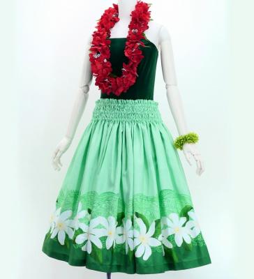 Hula Shantung Pa'u Skirt with Tiare & Kahiko Print / Luxury Collection / Green / J3082gr