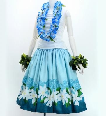 Hula Shantung Pa'u Skirt with Tiare & Kahiko Print / Luxury Collection / Light Blue / J3082lbl