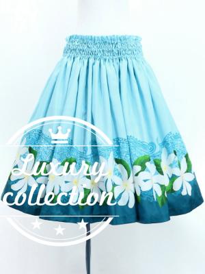 Hula Shantung Pa'u Skirt with Tiare & Kahiko Print / Luxury Collection / Light Blue / J3082lbl