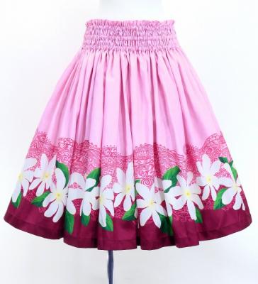 Hula Shantung Pa'u Skirt with Tiare & Kahiko Print / Luxury Collection / Pink / J3082pi