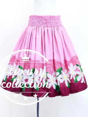 Hula Shantung Pa'u Skirt with Tiare & Kahiko Print / Luxury Collection / Pink / J3082pi