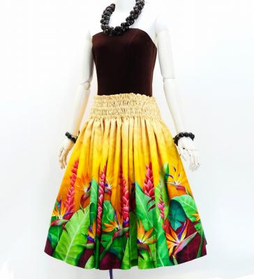 Hula Shantung Pa'u Skirt with Red Ginger & Strelitzia Print / Luxury Collection / J3086-5