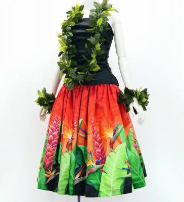 Hula Shantung Pa'u Skirt with Red Ginger & Strelitzia Print / Luxury Collection / J3086-6
