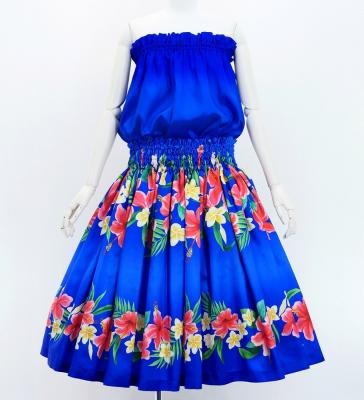 Hula Shantung Tube Top & Pa'u Set-Up with Hibiscus & Plumeria Print / Luxury Collection / J3090bl