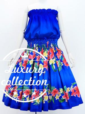 Hula Shantung Tube Top & Pa'u Set-Up with Hibiscus & Plumeria Print / Luxury Collection / J3090bl