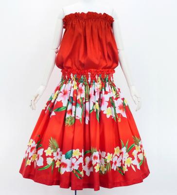 Hula Shantung Tube Top & Pa'u Set-Up with Hibiscus & Plumeria Print / Luxury Collection / J3090rd