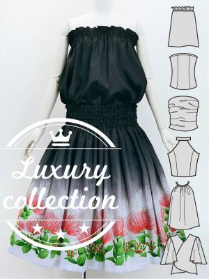 Hula Blouse & Pa'u Set-Up with Lehua Print / Luxury Collection / J3093bk