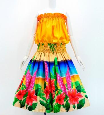 Hula Shantung Tube Top & Pa'u Set-Up with Hibiscus Print / Luxury Collection / J3099-1