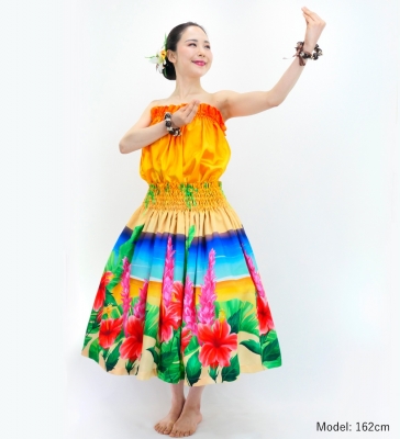Hula Shantung Tube Top & Pa'u Set-Up with Hibiscus Print / Luxury Collection / J3099-1