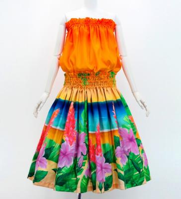 Hula Shantung Tube Top & Pa'u Set-Up with Hibiscus Print / Luxury Collection / J3099-4
