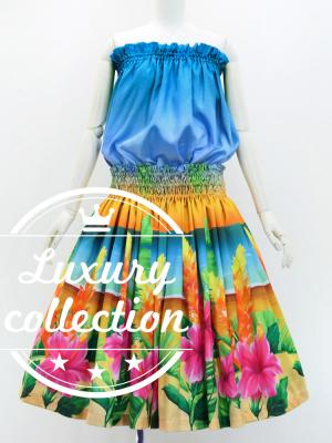Hula Shantung Tube Top & Pa'u Set-Up with Hibiscus Print / Luxury Collection / J3099-8
