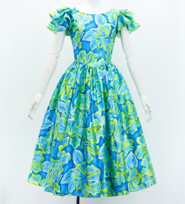 Hula Midi Dress with Hibiscus Print / Luxury Collection / Blue & Yellow Green / J3100blyegr