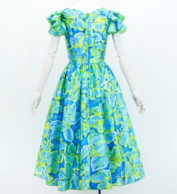 Hula Midi Dress with Hibiscus Print / Luxury Collection / Blue & Yellow Green / J3100blyegr