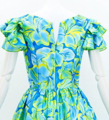 Hula Midi Dress with Hibiscus Print / Luxury Collection / Blue & Yellow Green / J3100blyegr