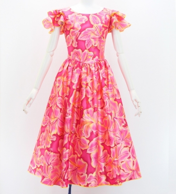 Hula Midi Dress with Hibiscus Print / Luxury Collection / Pink & Yellow / J3100piye