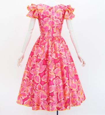 Hula Midi Dress with Hibiscus Print / Luxury Collection / Pink & Yellow / J3100piye