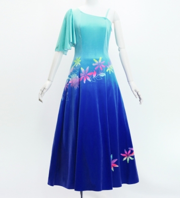 Hula One Shoulder Flare sleeve Long Dress with Velvet / Luxury Collection / Light Blue & Blue / J3102lblbl