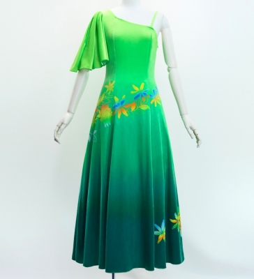 Hula One Shoulder Flare sleeve Long Dress with Velvet / Luxury Collection / Light Green & Green / J3102lgrgr