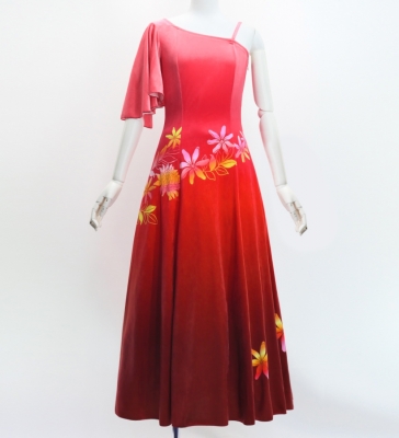 Hula One Shoulder Flare sleeve Long Dress with Velvet / Luxury Collection / Light Red & Red / J3102lrdrd