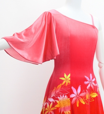 Hula One Shoulder Flare sleeve Long Dress with Velvet / Luxury Collection / Light Red & Red / J3102lrdrd