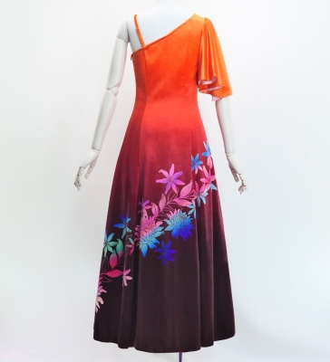 Hula One Shoulder Flare sleeve Long Dress with Velvet / Luxury Collection / Orange & Brown / J3102orbr